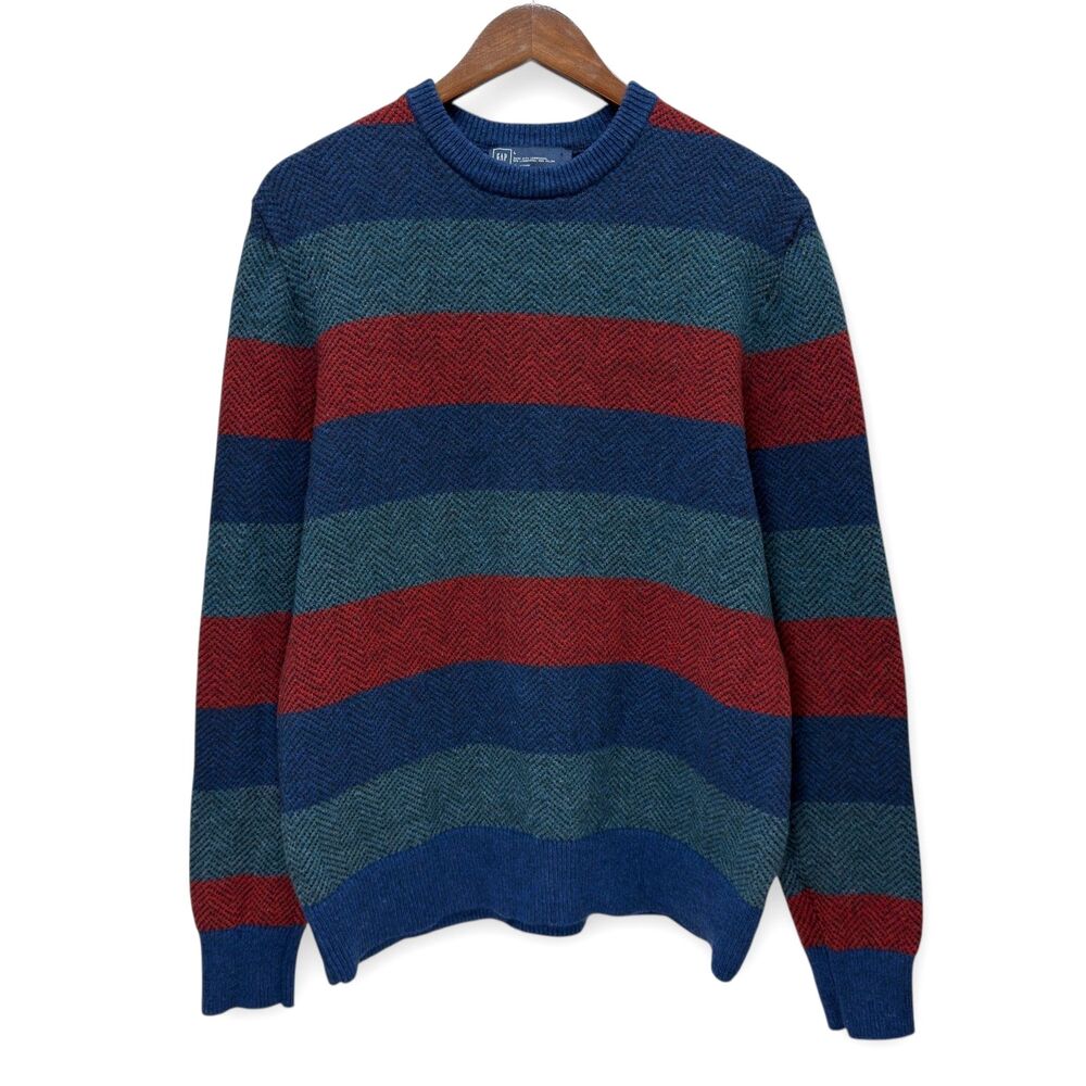 GAP Mens Crewneck Striped Sweater Wool Blend Size L Academia Prep Holiday Cabin